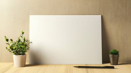 Blank horizontal sheet of A4 paper on a wooden table, next to a pen and a small potted plant