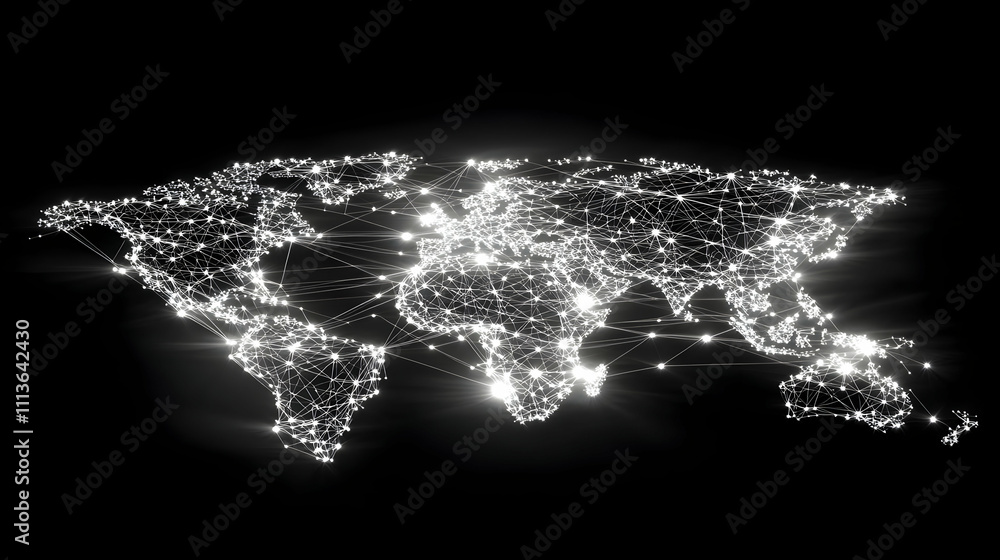 Poster A digital representation of a world map illuminated with interconnected nodes and lines.