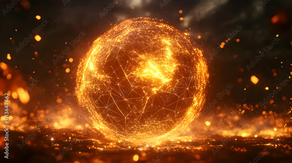Poster a glowing, interconnected globe representing a digital or technological world.