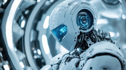 Fototapeta premium Close-up of a futuristic white robot, glowing blue accents. Perfect for AI, technology, and future concepts.