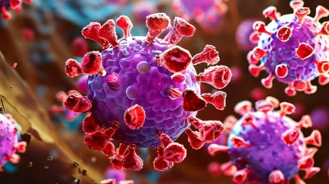 Colorful microscopic virus particles with spikes showcase intricate structure of infectious agents in vibrant biology.