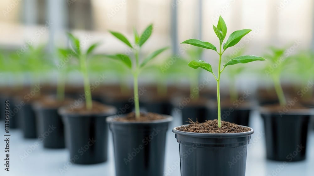 Poster seedling plants growing in pots being studied in environmental science laboratory settings focused o