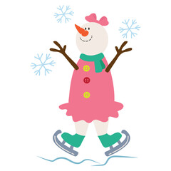 Cute skating snowman  girl vector cartoon  illustration