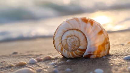 Seashell on Sandy Beach at Sunset Glow