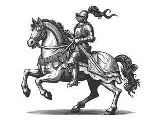 Fototapeta premium medieval knight in full armor riding a rearing horse, showcasing intricate, vintage engraving details sketch engraving generative ai vector illustration. Scratch board imitation. Black and white image