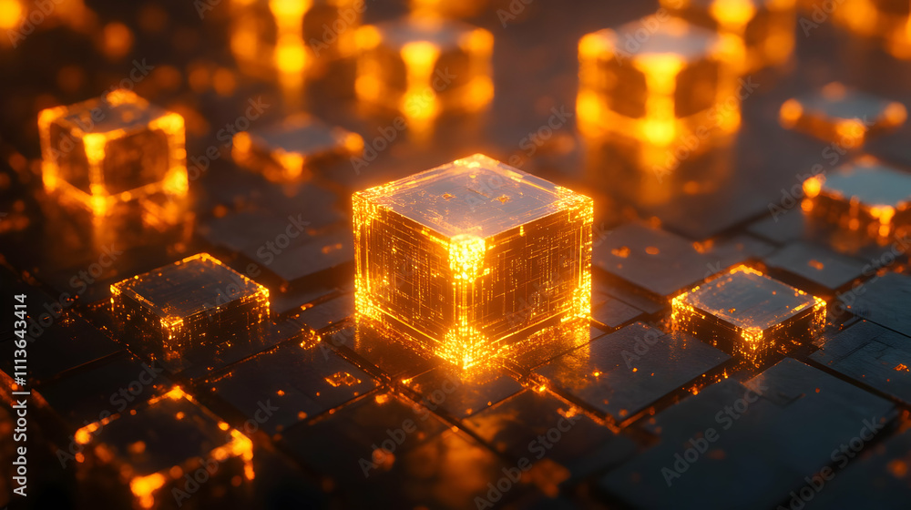 Poster a digital landscape of glowing cubes, representing data or technology.