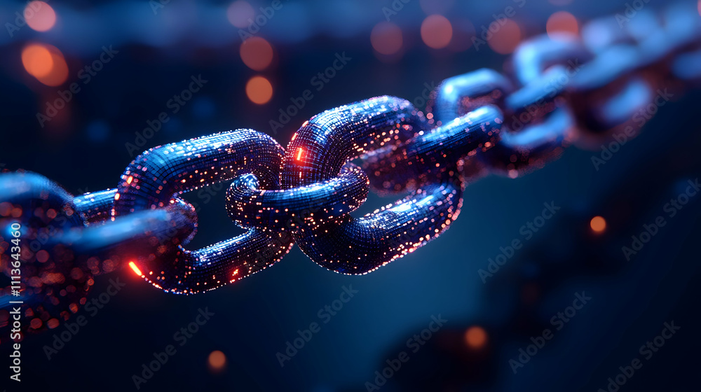 Poster a close-up of a glowing chain with a futuristic design against a dark background.