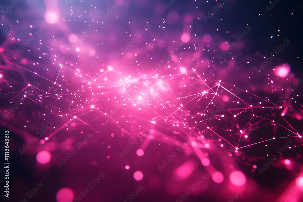 Poster abstract digital background with glowing particles and connections in vibrant pink hues.