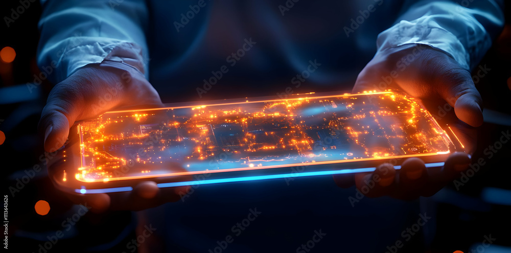 Poster a person holding a glowing smartphone with a digital circuit design.
