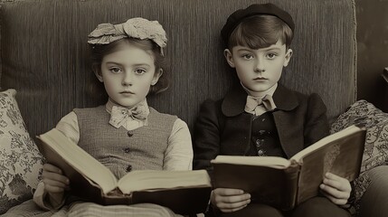 Vintage portrait of two children reading in early 20th century attire