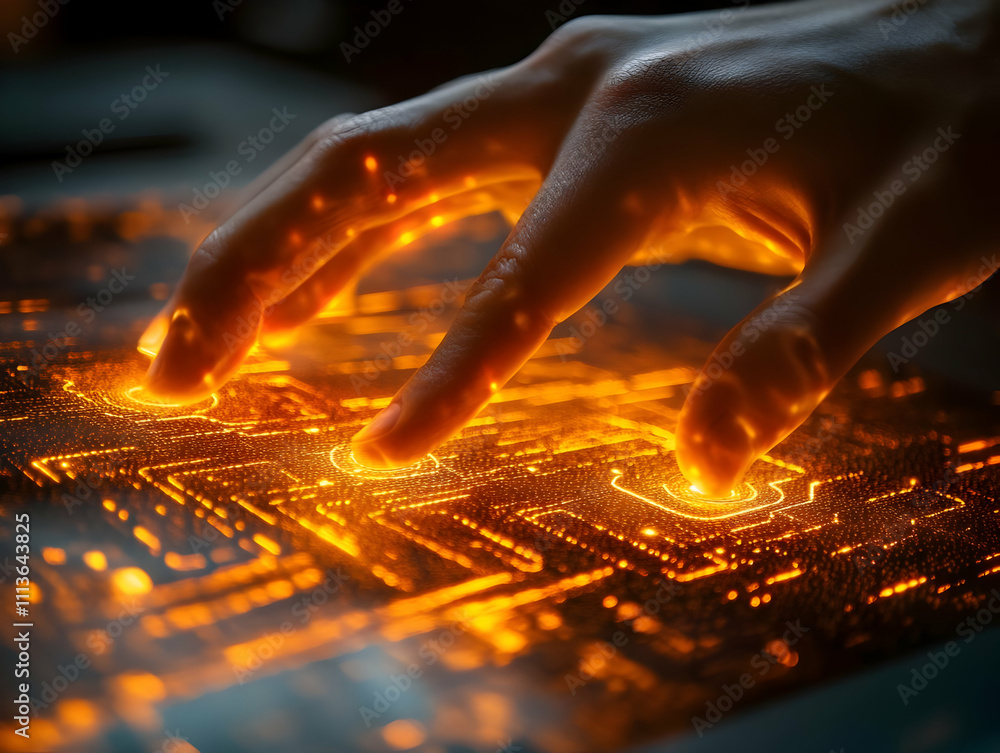Poster a hand interacts with a glowing, circuit-like interface, symbolizing technology and innovation.