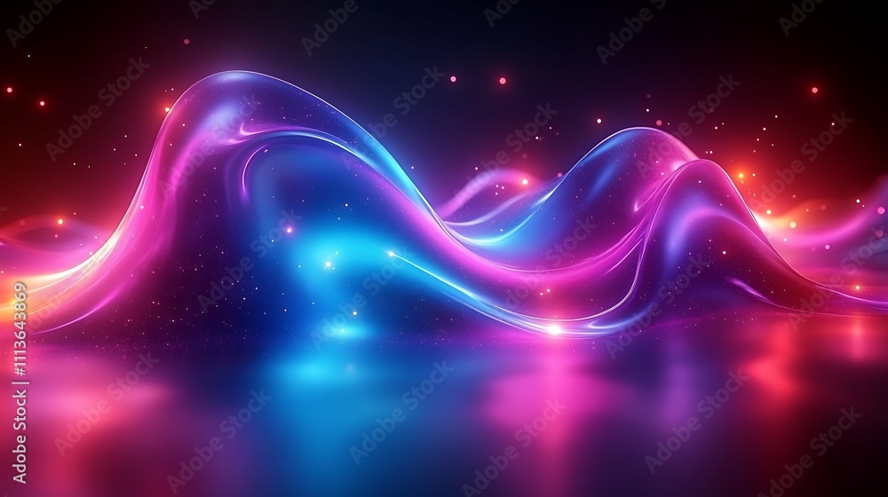 Poster abstract glowing neon waves with vibrant colors and sparkling particles reflecting on a dark surface