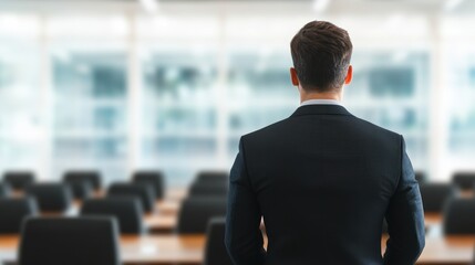 A man in a suit stands with his back to the camera in a modern conference room, overlooking empty seats and large windows.