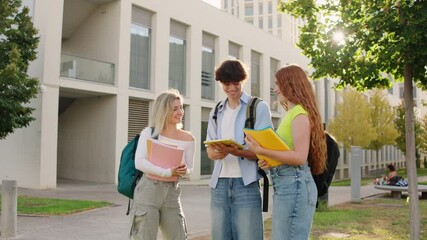 University students discussing notes outdoors