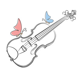 The Sketch of a violin with red and blue butterflies.  © designer_an