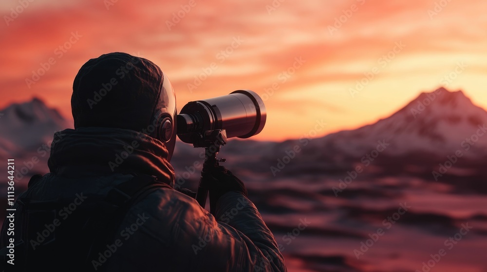 Poster silhouetted figure of a scientist or explorer using a telescope to observe and study distant planeta