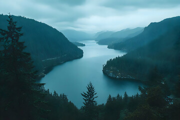 Obraz premium Misty Fjord Landscape Illustration