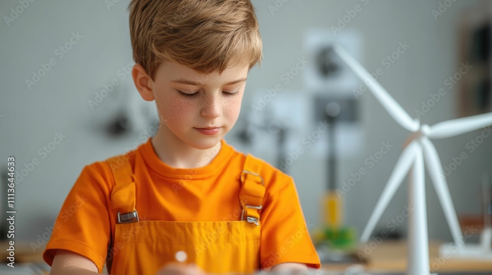 Poster portrait of a young boy student intently focused on his hands on stem project experimenting with mod