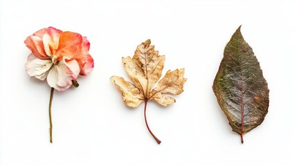 Fototapeta premium Dried flower, autumn leaf, and green leaf on white background.