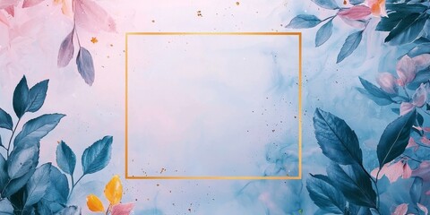 A blue background with gold trim and flowers. The flowers are pink and yellow