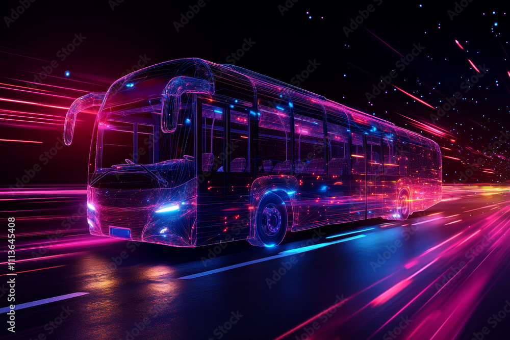 Poster passenger bus traverses a neon-lit highway in a hyperrealistic display of light and lines against a 