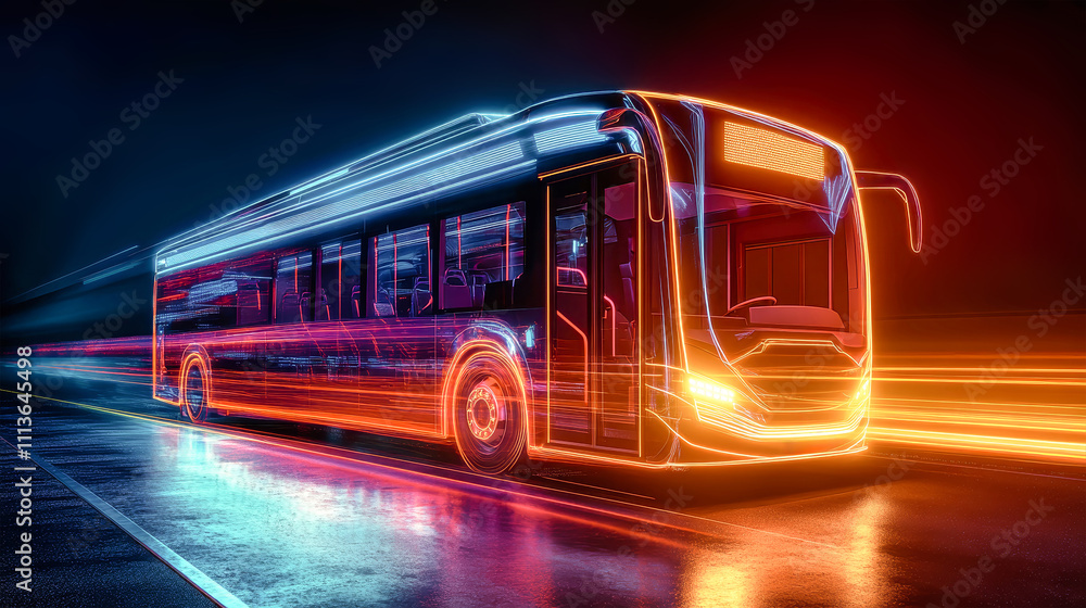 Poster futuristic passenger bus with motion lines gliding through a neon-lit urban setting in a hybrid of t