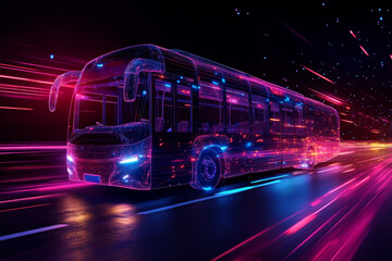 Fototapeta premium Passenger bus traverses a neon-lit highway in a hyperrealistic display of light and lines against a dark backdrop