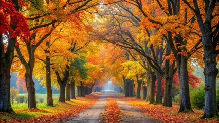 Beautiful autumn landscape with colorful trees lining a peaceful path, autumn, landscape, colorful, trees, path, nature