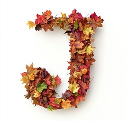 Alphabet letter J made of autumn maple leaves isolated on white background