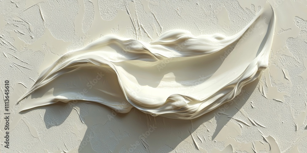 Poster a white blob of cream is shown in a white background. the cream is in the shape of a wave, with a pe