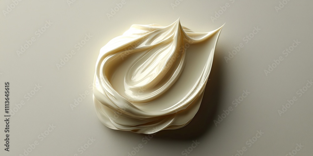 Poster a white blob of cream is shown in a white background. the cream is in the shape of a wave, with a pe