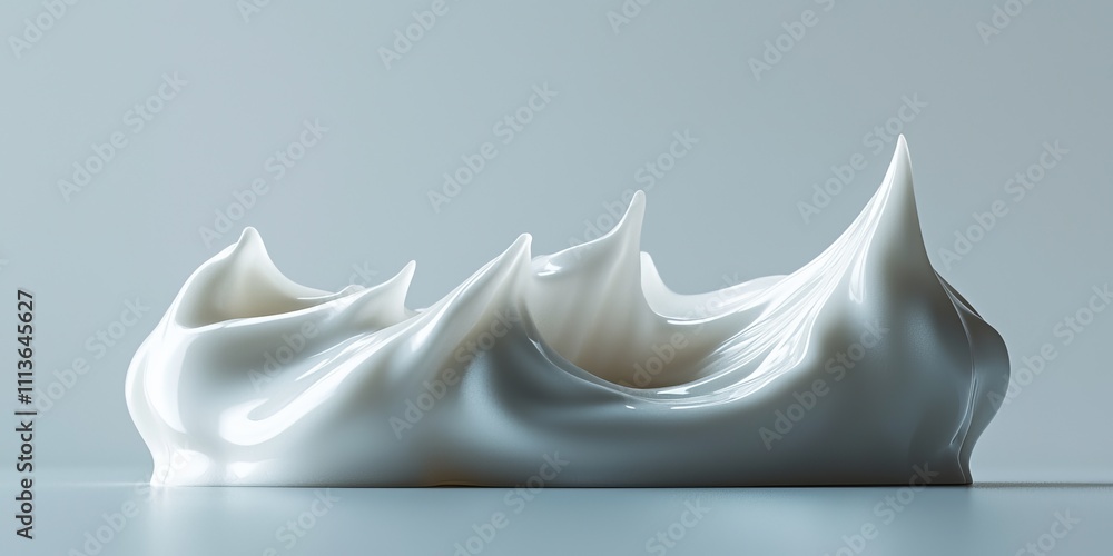 Poster a white blob of cream is shown in a white background. the cream is in the shape of a wave, with a pe