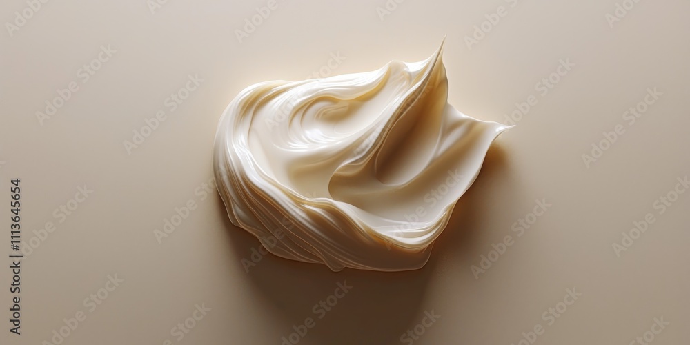 Poster a white blob of cream is shown in a white background. the cream is in the shape of a wave, with a pe
