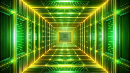 Glowing green and yellow square tunnel creating infinite spiral pattern, neon, vibrant, abstract, geometric, tunnel