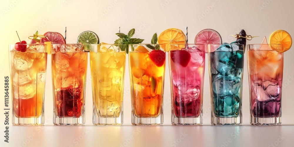 Poster a row of colorful drinks with ice cubes in them. the drinks are in different glasses and are arrange