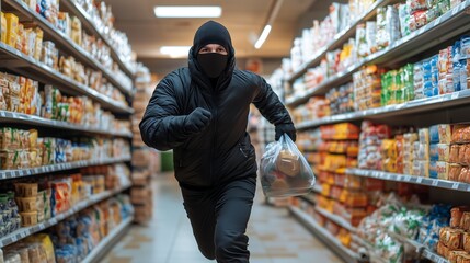 A thief wearing a mask running away with stolen goods from a shop. The image conveys motion and urgency, emphasizing the act of escape.