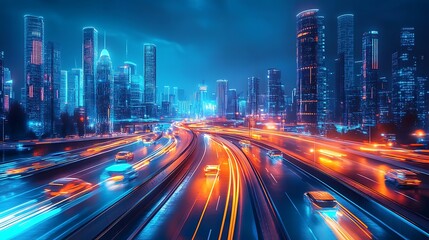 Obraz premium Neon Cityscape with Blurred Traffic