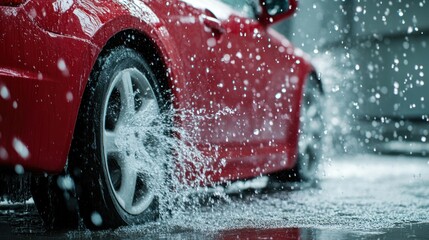 Red Car Splashing Through Water
