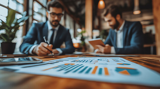Business partners sitting together reviewing contract terms during negotiations, business review, strategic alignment