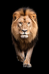 Fototapeta premium Lion walking through a dark, isolated on black background