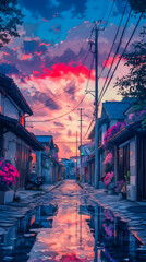 Obraz premium Serene Sunset Alleyway Peaceful Asian Cityscape