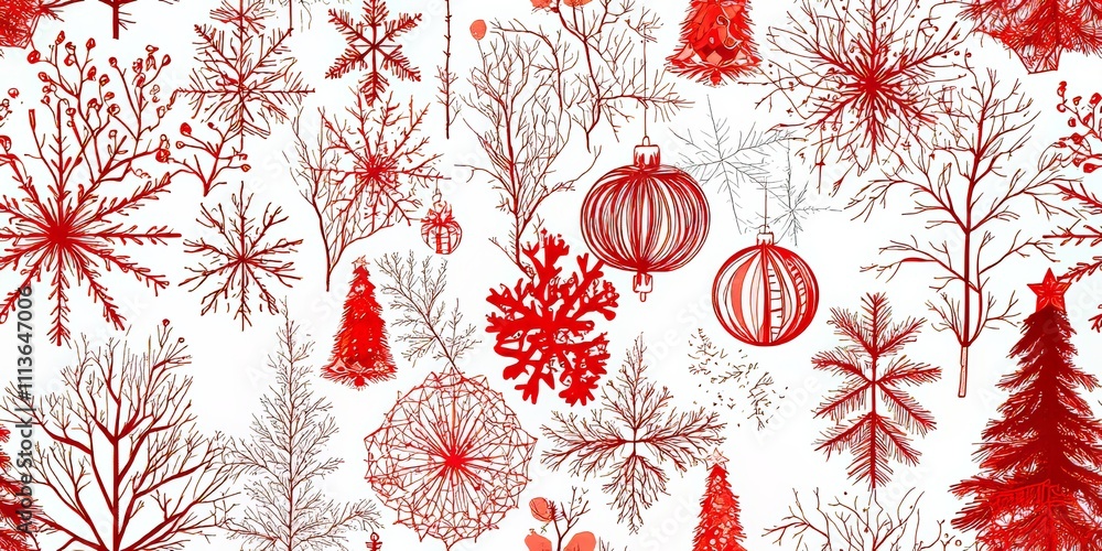 Poster a red and blue snowflake pattern with a white background. the snowflakes are all different sizes and