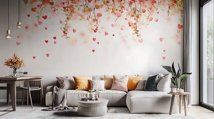 Bright minimalist living room, playful Valentine's Day wallpaper with pastel hearts and florals