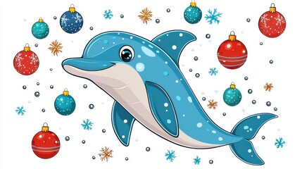 Cheerful Dolphin Swimming Amidst Christmas Ornaments and Snowflakes