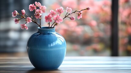 a blue vase with a stem in it