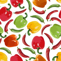 Multi-colored peppers in a colored pattern.Seamless pattern from multi-colored peppers on a white background.