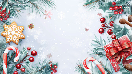 Christmas background with candy cane, gingerbread, twigs, berries, gift boxes and snowflakes