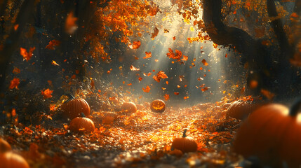 Fototapeta premium Autumn Forest Pumpkin Path Illustration