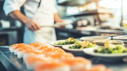 Robot chef expertly rolls sushi using fresh ingredients in a contemporary kitchen, showcasing advanced culinary technology and innovation