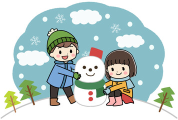 雪だるまと雪遊びをする子供たちのイラスト